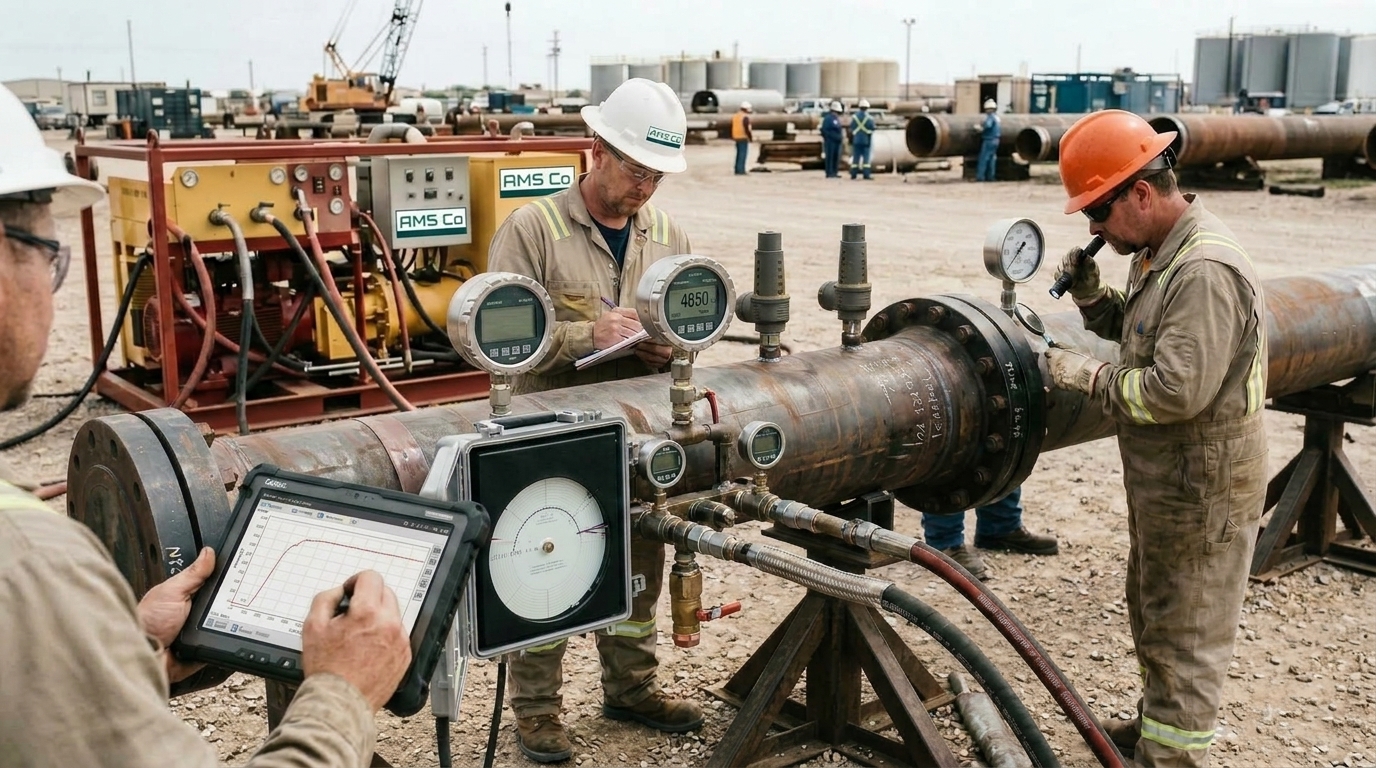 Cuadrilla de AMS Co ejecutando una prueba hidrostática con manómetros y registrador de presión